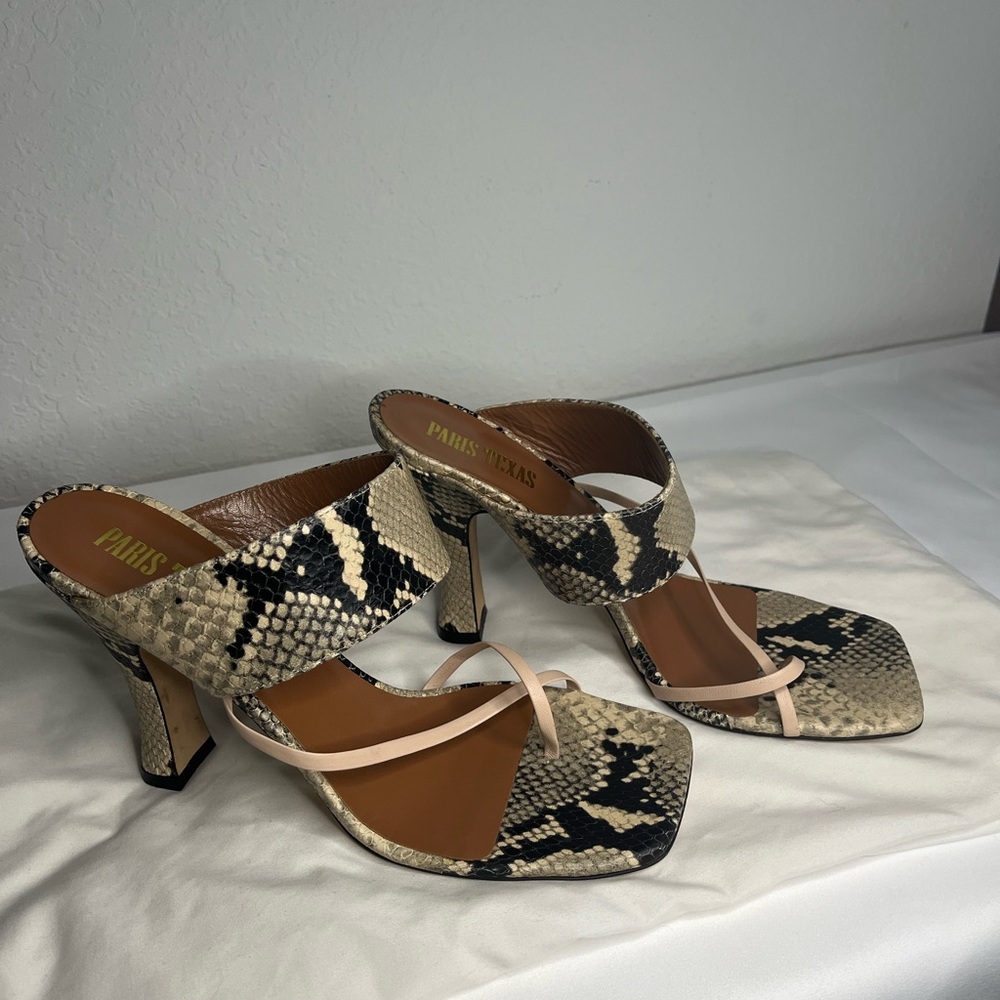 Paris Texas Beige Snake-Print Heeled Sandals with Nude Straps